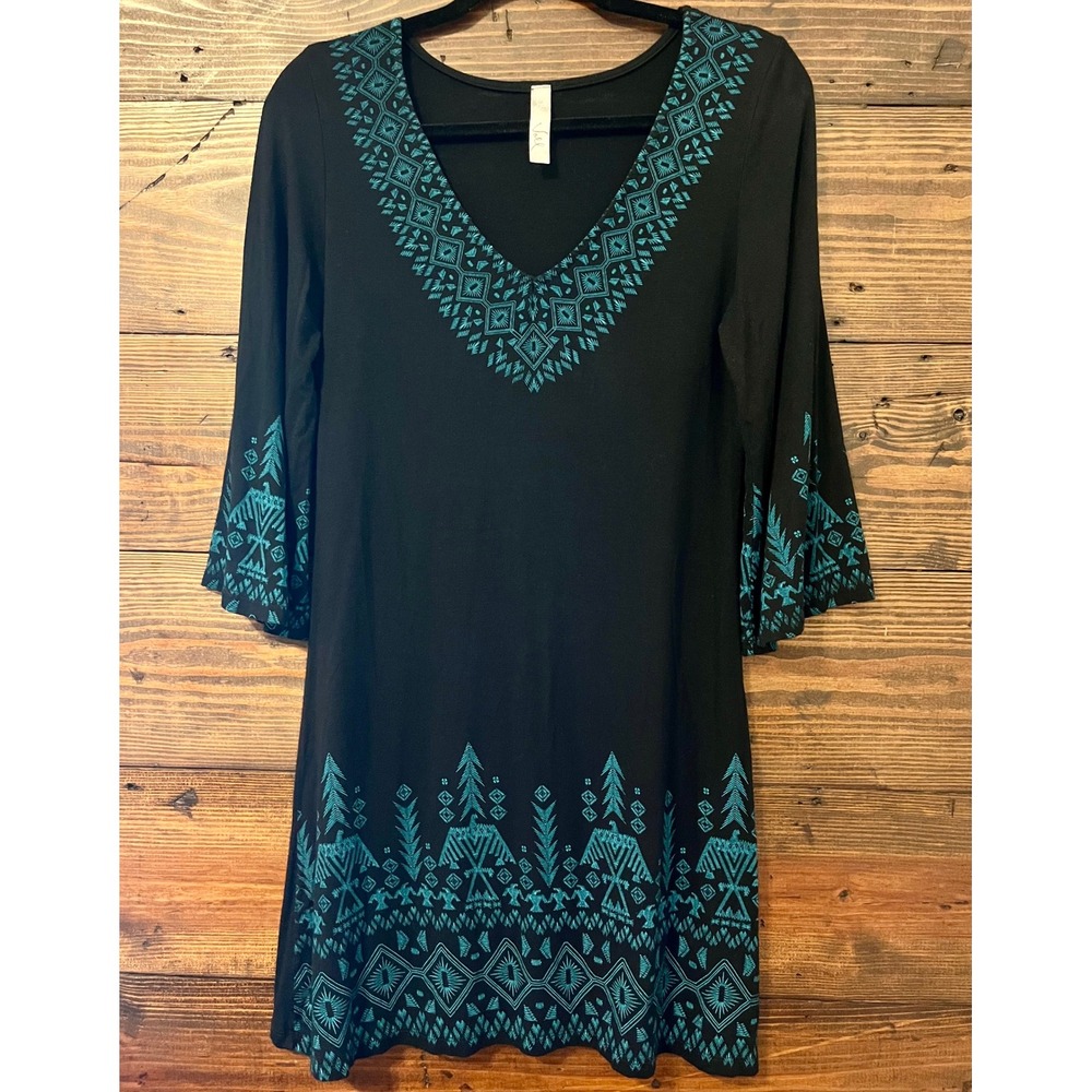 Voel Tunic Dress Womens XL Black Teal Boho Bell Sleeve Western Southwestern
